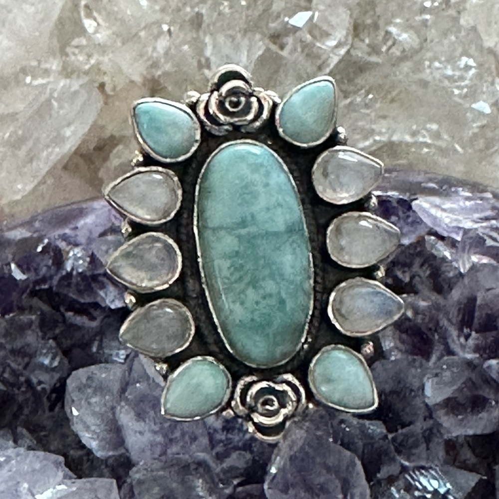 Larimar Rainbow Moonstone Solid Sterling Silver R… - image 1